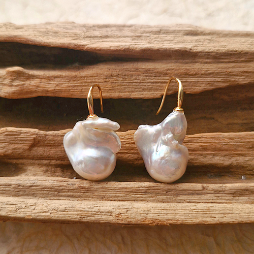 White Baroque Pearl Simple Hook Earrings Brass