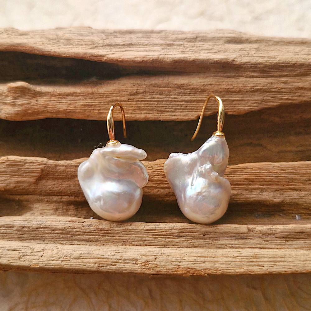 White Baroque Pearl Simple Hook Earrings Brass