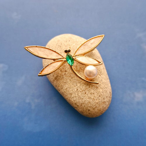 White Mother of Pearl Dragonfly Jeweled Brooch