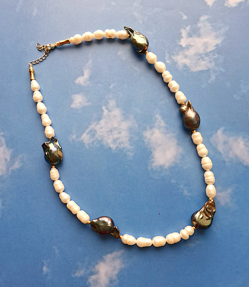 White Pearls with Black Baroque Pearl Stations Collarbone Necklace