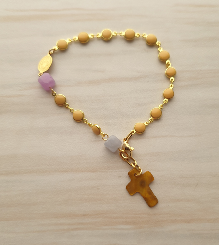 Yellow Agate Cross & Yellow Shell Rosary Bracelet