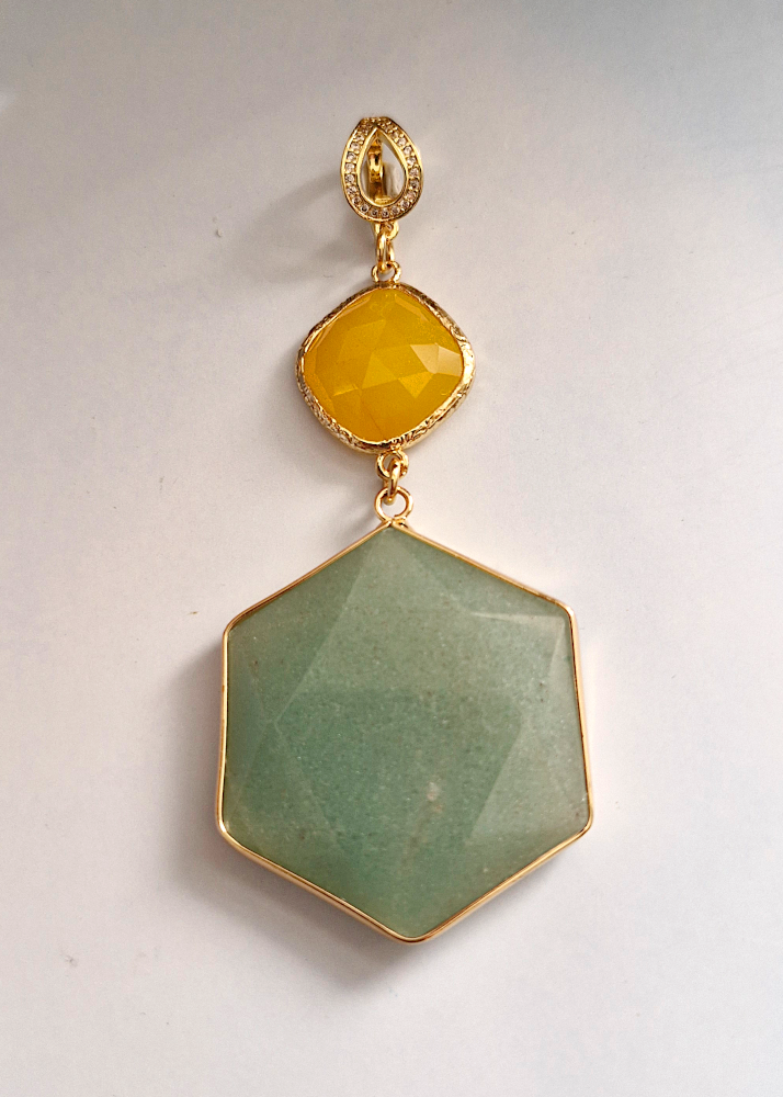 Yellow Jade and Green Jade Hexagon Large Necklace Pendant