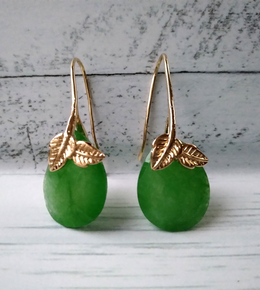 2 Leaf Green Jade Single Gem Drop Earrings