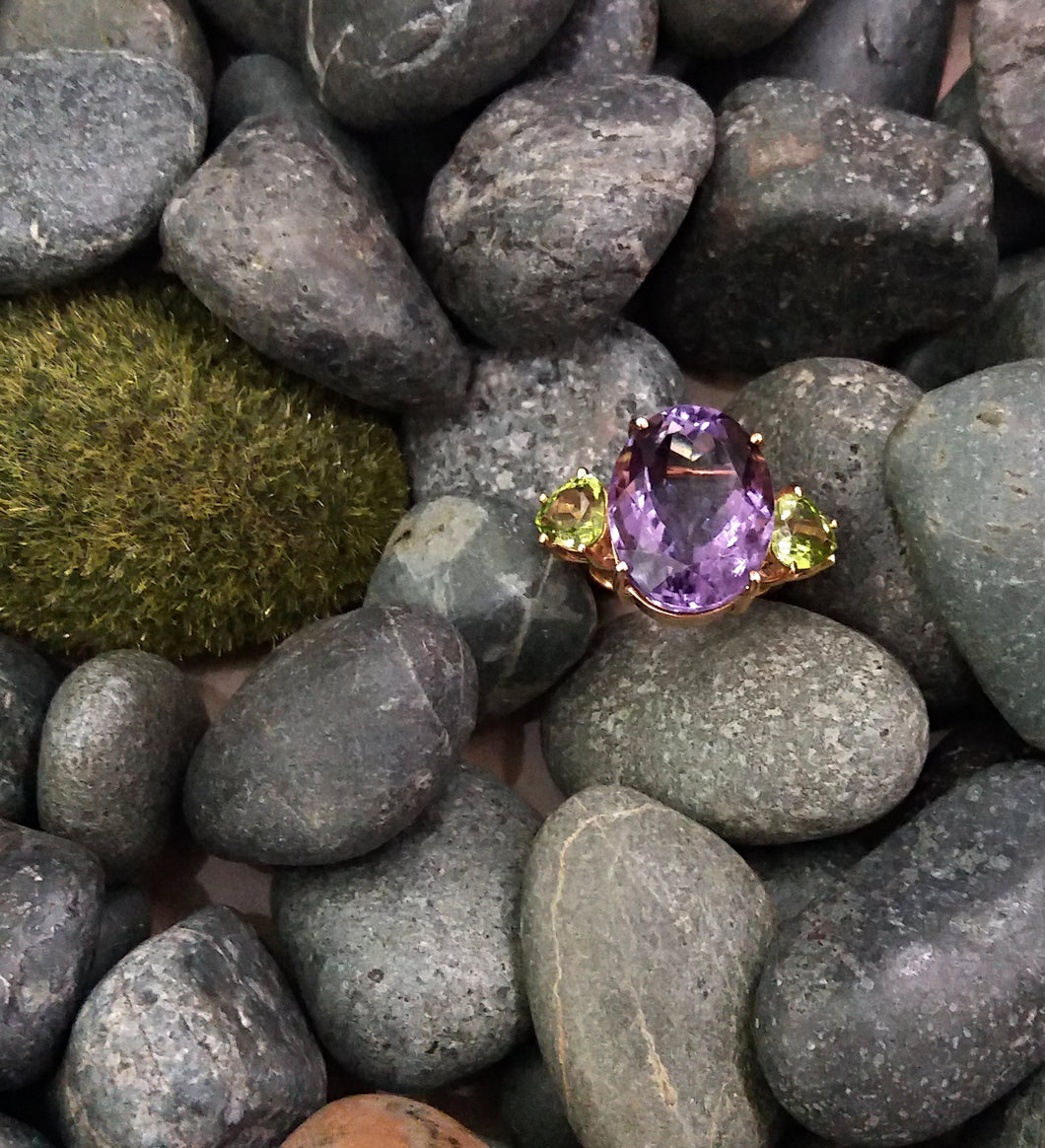 Oval Amethyst with Heart shaped Peridot sidestones Cocktail Ring