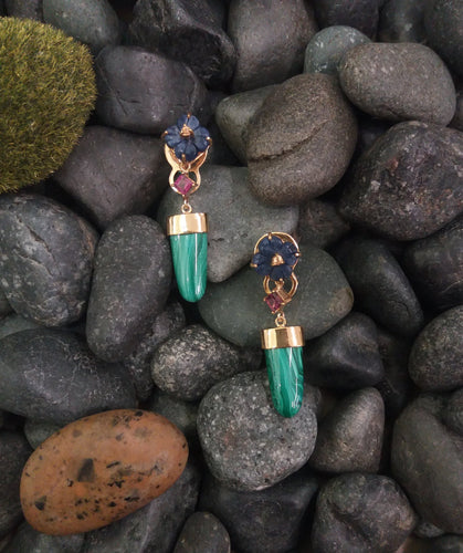 Lapis Lazuli & Citrine Studs with Rhodolite Garnets & Malachite Dangle Twinset Earrings