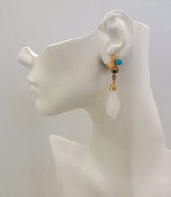 Blue, Green & Citrus Quartz  Studs with carved White Jade Lily Dangle Twinset Earrings