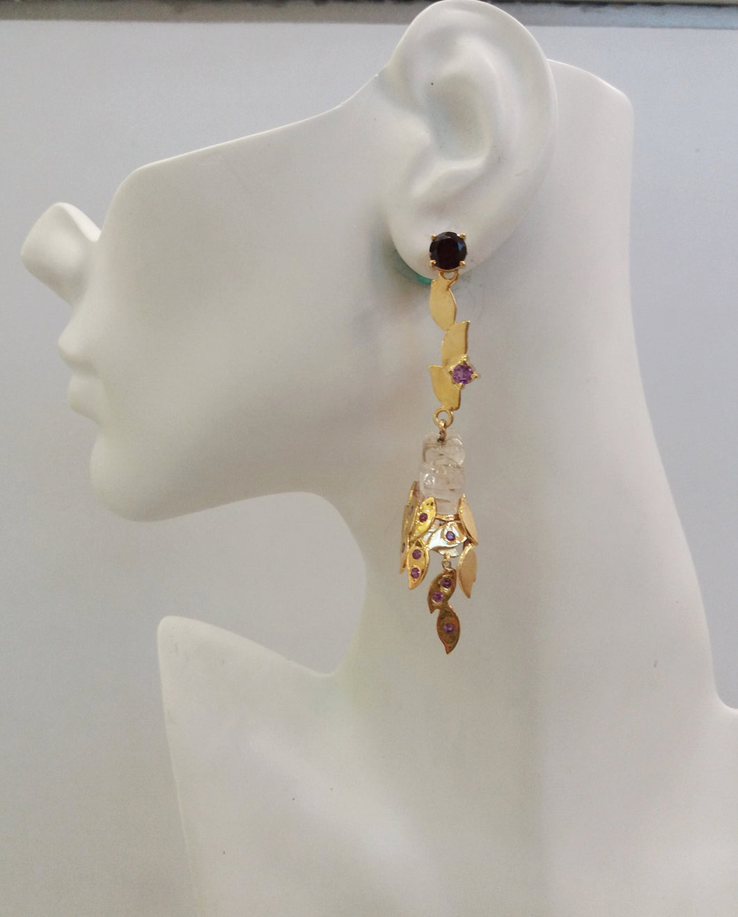 'Foliage' Twinset Earrings with Garnets, Amethysts & Rock Crystal carved Dragon