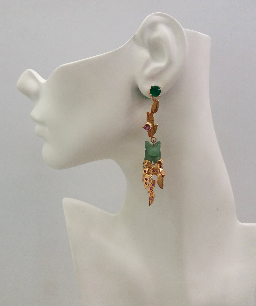 'Foliage' Twinset Earrings with Green Agate, Rhodolite Garnets & carved Jade Rabbit