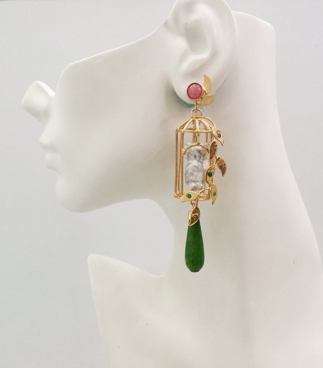 Gazebo Twinset Earrings  Pink Opal studs with detachable dangles in a birdcage design with white howlite carved owls & green jade drops.