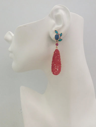 Opal and Ruby Studs with a carved Red Jade Phoenix dangle Twinset Earrings.