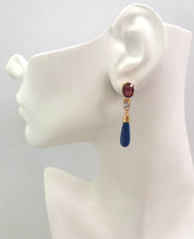 Oval Garnet Studs with Amethyst and Lapis Lazuli Drop Twinset Earrings