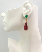 Green Agate Studs with Citrine and Red Carnelian Long Drop Twinset Earrings