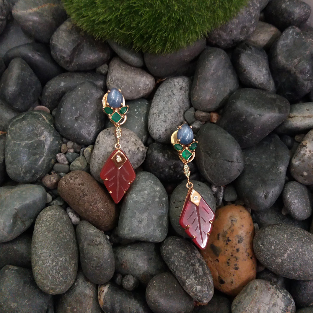Kyanite and Green Agate Stud with and Carved Carnelian Twinset Earrings