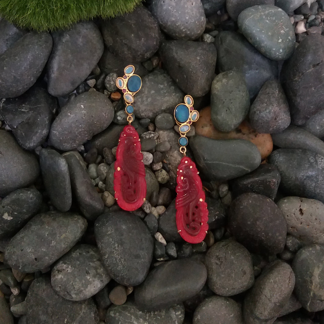 Blue Opal, Rhodolite Garnet and White Opal Stud with Blue Opal and Carved Red Jade Twinset Earrings