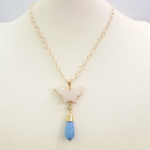 Carved White Jade Butterfly with Peridot and Blue Jade Terra Firma Pendant