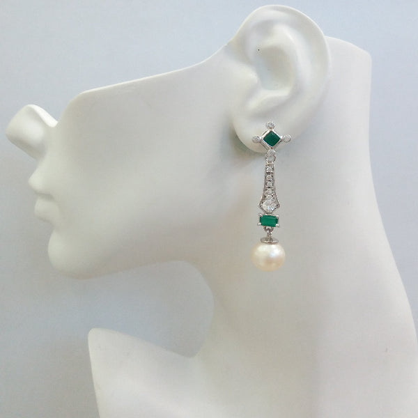 Green Agate & White Topaz Stud with White Topaz, Green Agate & South Sea Pearl Detachable Twinset Earrings