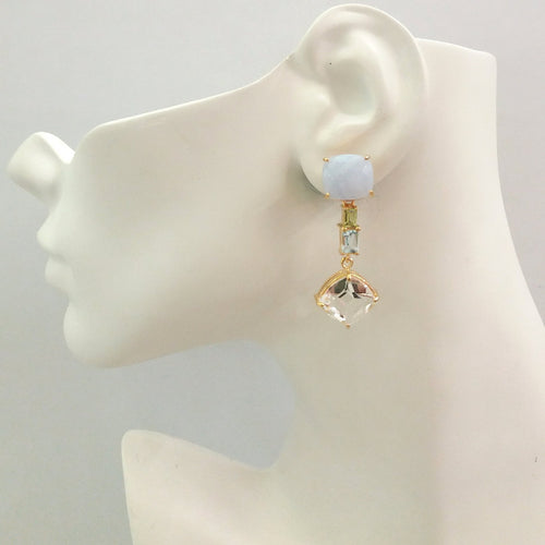 Blue Lace Agate Stud with Peridot, Blue Topaz and Clear Quartz Twinset Earrings