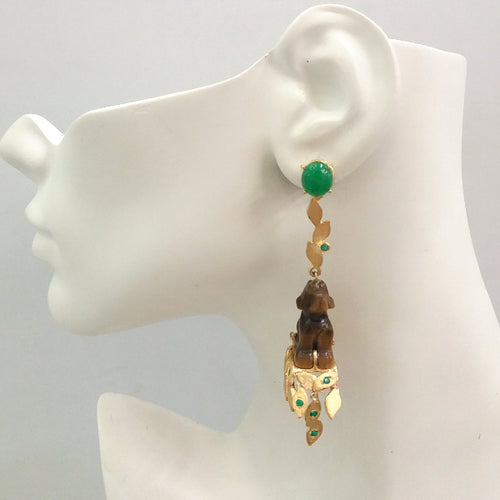 Green Jade Stud with Green Agate and Carved Dog Tiger Eyes 