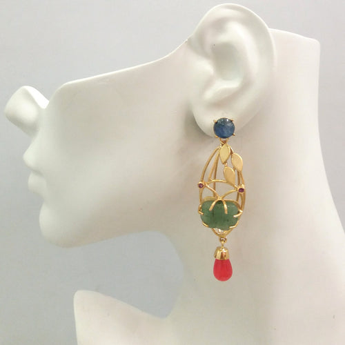 Kyanite Stud with Rhodolite Garnet, Carved Butterfly Jade and Carnelian 