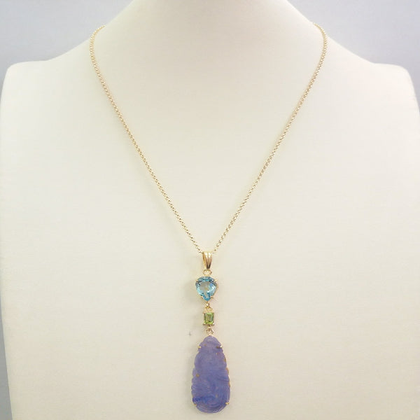 Blue Topaz with Peridot and Carved Lavander Jade Terra Firma Pendant