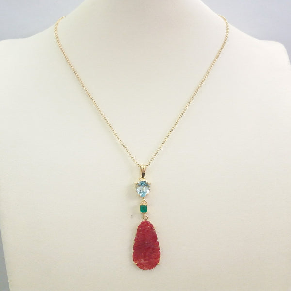 Blue Topaz with Green Agate and Carved Red Jade Terra Firma Pendant