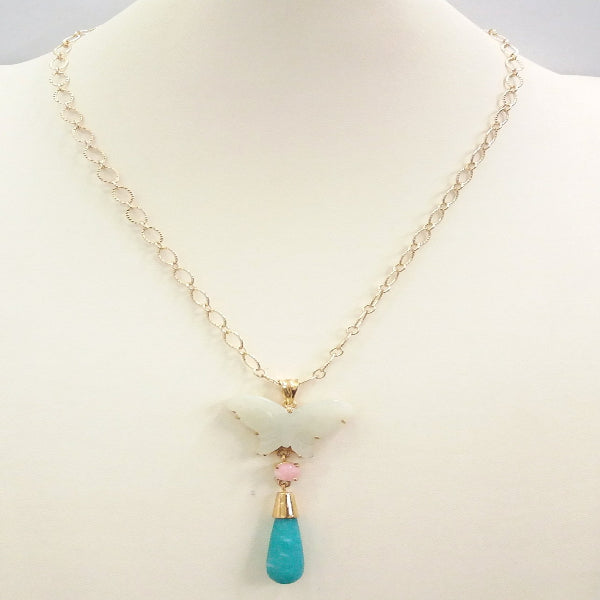 Carved Butterfly Jade with Pink Opal and Amazonite Terra Firma Pendant