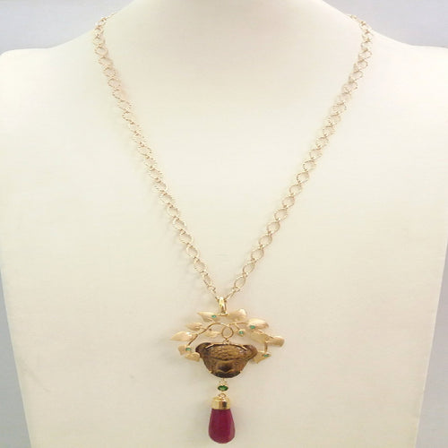 Green Agate with Carved Tigers Eye Hamba, Peridot and Red Jade Terra Firma Pendant