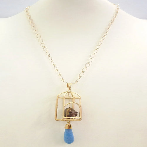 Carved Bear Brown Tigers Eye with Blue Jade 