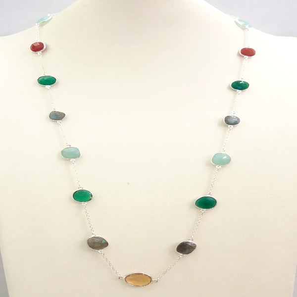 Citrine, Labradorite, Green Agate, Chalcedony and Red Carnelian Jeweled Chain Necklace