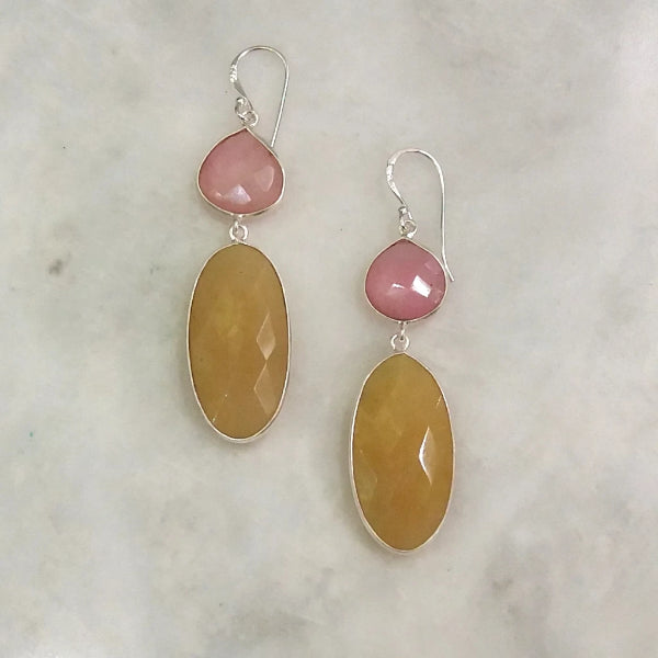 Pink Quartz and Yellow Chalcedony Double Drop Earrings