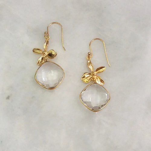 Flower with Clear Quartz Double Drop Earrings
