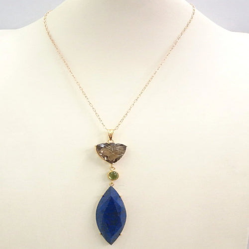 Carved Smokey Quartz with Peridot and Lapiz Lazuli Marquiz Terra Firma Pendant
