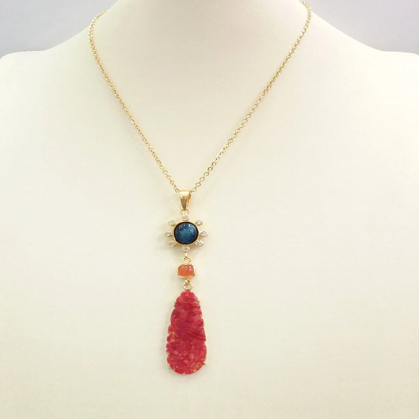 White Topaz and Blue Tigers Eye with Carnelian and Carved Red Jade Terra Firma Pendant