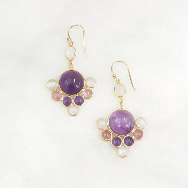 Amethyst with Moonstone and Pink Tourmaline Double Drop Earrings