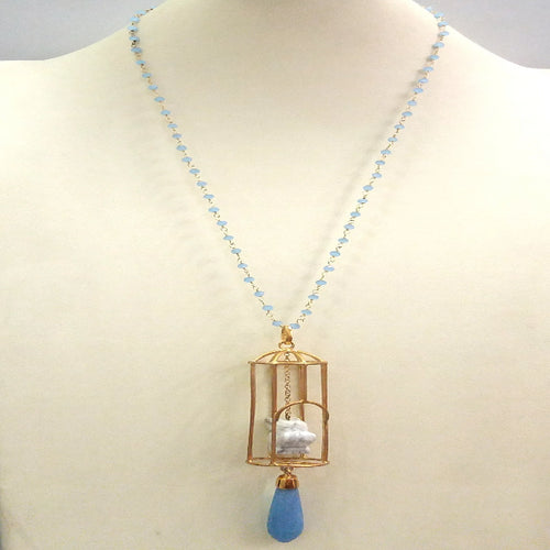 Blue Chalcedony Chain with Carved Howlite Owl on Cage and Blue Jade 