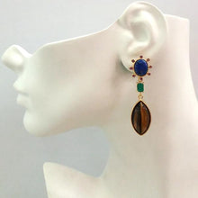 Lapiz Lazuli and Rhodolite Garnet Stud with Green Agate and Tigers Eye Detachable Twinset Earrings