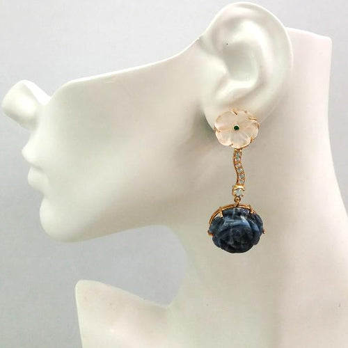 Frosted Quartz & Green Agate stud with White Zircon & Carved Lapiz Lazuli Twinset