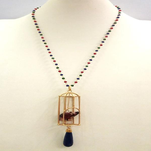 Emerald, Blue Sapphire and Ruby Chain with Carved Jasper Pig on a Cage with Lapiz Lazuli 