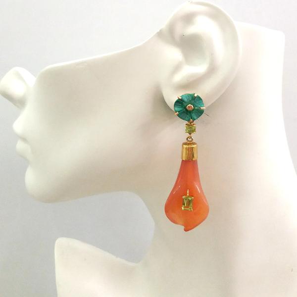 Citrine on a Carved Malachite Stud with Peridot and Peridot on a Carved Calla Lily Carnelian Detachable Twinset Earrings