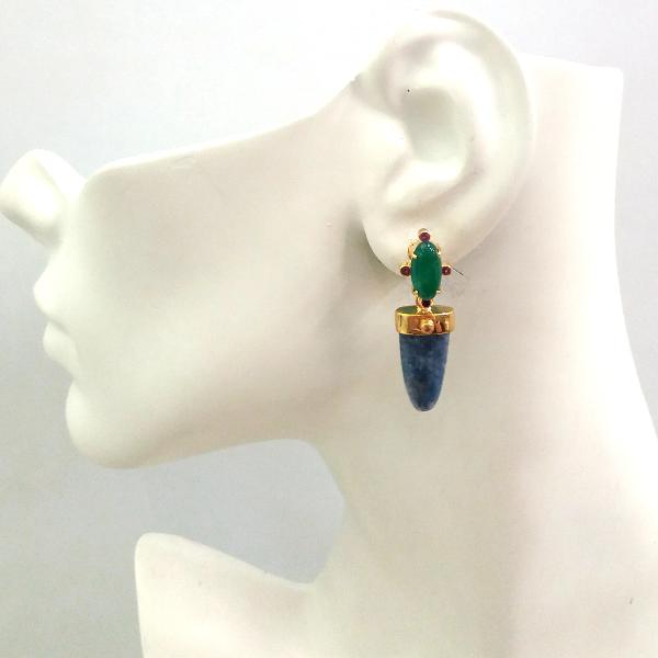 Green Jade and Green Agate Stud with Dumortierite Detachable Twinset Earrings