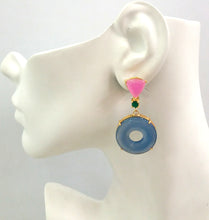 Pink Agate Stud with Green Agate and Blue Agate Detachble Twinset Earrings