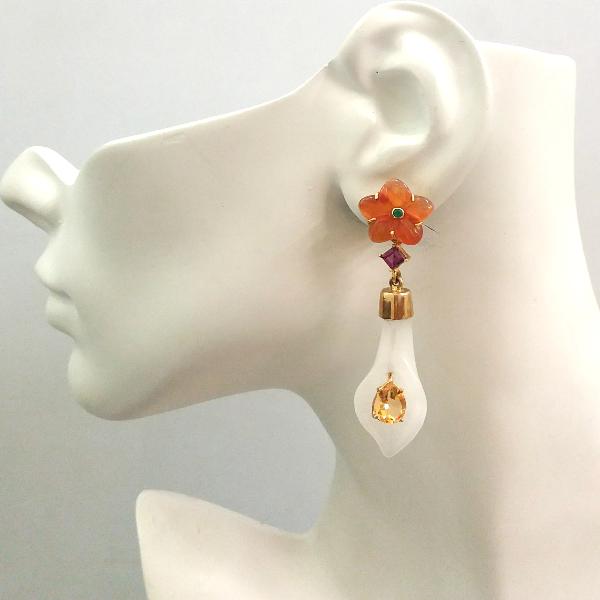 Green Agate on a Carved Flower Carnelian with Rhodolite Garnet and Citrine on a Calla Lily White Jade Twinset Earrings