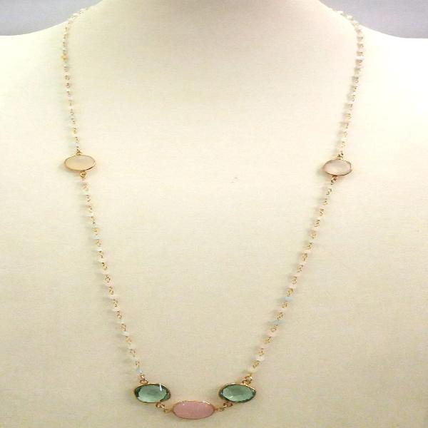 Multi-color Stone Chain with White Chalcedony, Topaz and Pink Chalcedony Jeweled Necklace