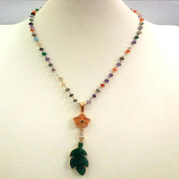 Multi-color Stone Chain with Amethyst on a Craved Flower Carnelian, Blue Topaz and Carved Leaf Green Agate Terra Firma Pendant