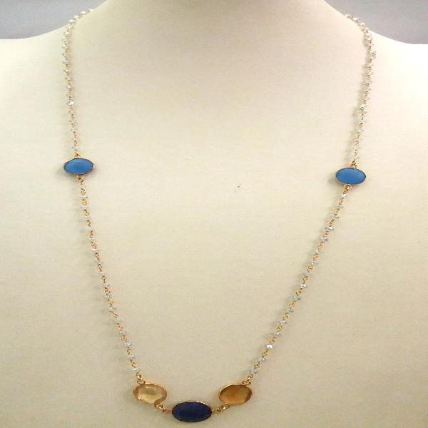 Clear Quartz Chain with Blue Agate, Citrine and Blue Sapphire Jeweled Necklace