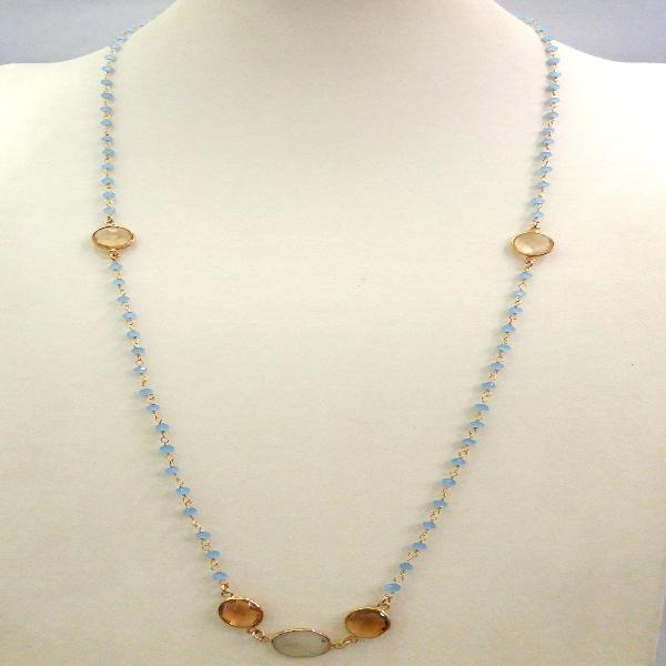 Blue Lace Agate Chain with Citrine and White Chalcedony Jeweled Necklace