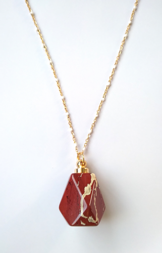 Red Jasper Faceted Hexagon Essential Oil Bottle Pendant Gold