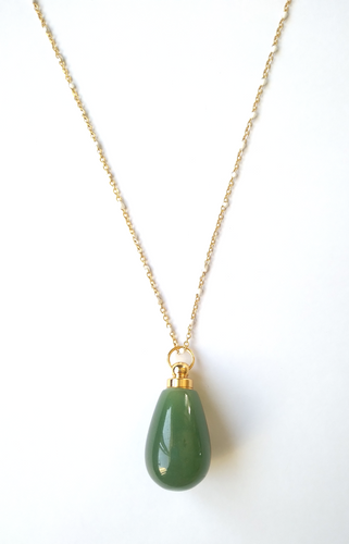 Green Jade Teardrop Essential Oil Bottle Pendant Gold
