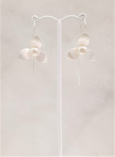 3 Petal Flower with Pearl Silver Earrings