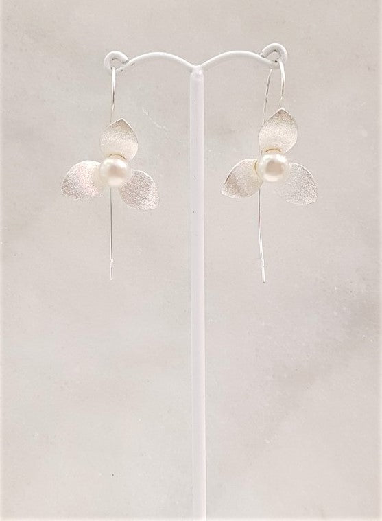 3 Petal Flower with Pearl Silver Earrings